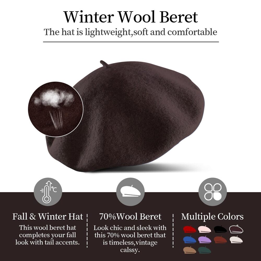 9469 French Beret Hat Wool Blend Artist Hat, Solid Color Classic - Picture 5 of 8